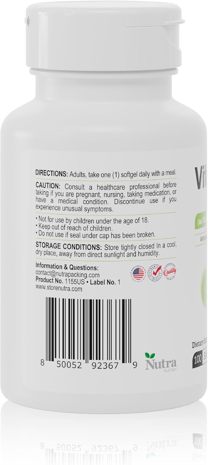Vitamin E 400 IU Softgels – 180mg Vitamin E (as DL-Alpha-tocopheryl Acetate) – Antioxidant Support, Skin & Hair Health, 100 Softgels – Vitamin E Complex Formula - Gluten-Free