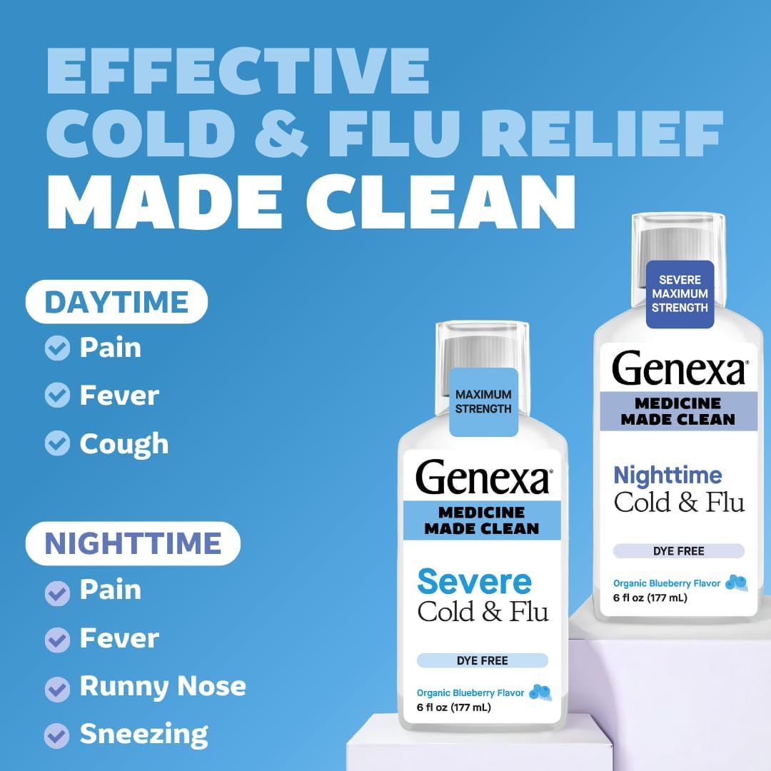 Genexa Clean Cold & Flu Daytime + Nighttime Severe Relief, Dye Free, 0% Artificial Additives, Acetaminophen Fever Reducer, Cough Suppressant, Antihistamine, Organic Blueberry Flavor, 12 fl oz (2 pack)