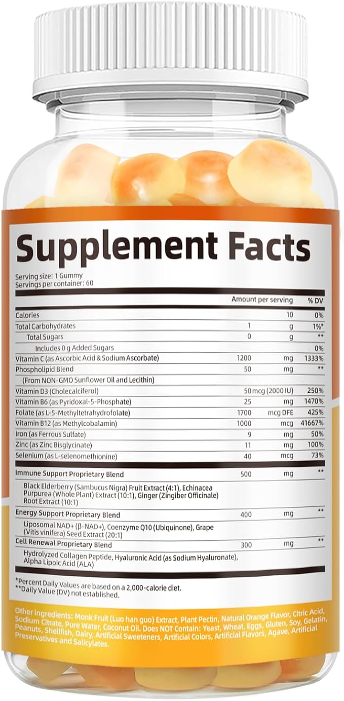 Liposomal Vitamin C Gummies for Adults, 1200mg Chewable Vitamin C Supplement with Elderberry, Zinc Iron & Folate etc - for Immune Support, Energy & Cell Health, Sugar Free, Orange Flavor, 60 Gummies