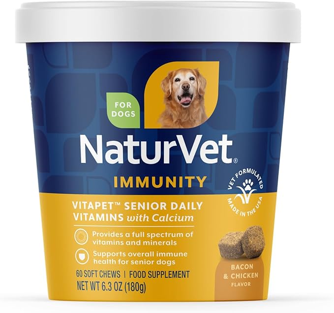 NaturVet VitaPet Senior Daily Vitamins Plus Glucosamine for Dogs, 60 ct Soft Chews, Made in The USA with Globally Source Ingredients