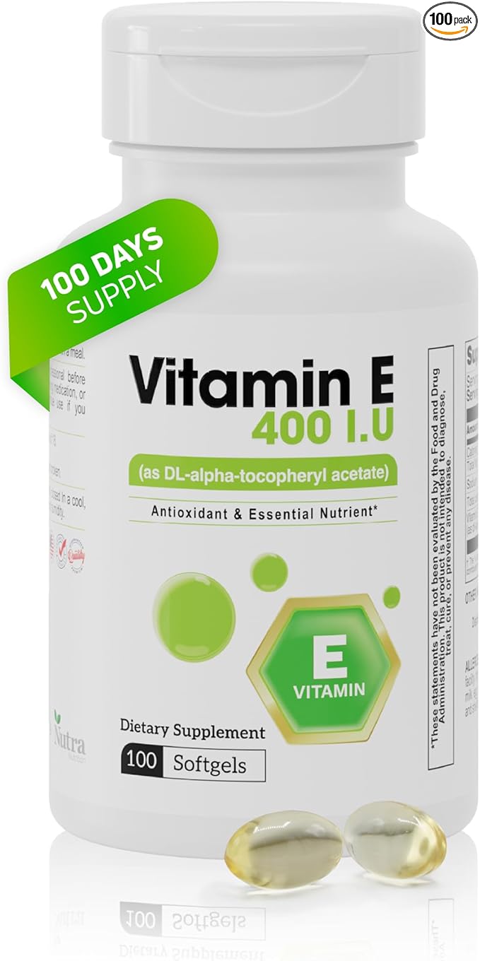 Vitamin E 400 IU Softgels – 180mg Vitamin E (as DL-Alpha-tocopheryl Acetate) – Antioxidant Support, Skin & Hair Health, 100 Softgels – Vitamin E Complex Formula - Gluten-Free