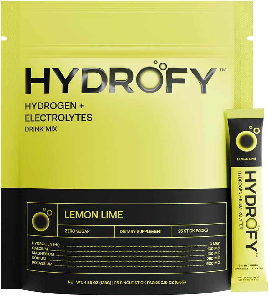 Hydrofy Hydrogen Water + Electrolytes Drink Mix | H2 Hydration Packets with Molecular Hydrogen, Sodium, Potassium, Magnesium, Calcium, and Minerals | No Sugar | Lemon Lime | 25 ct