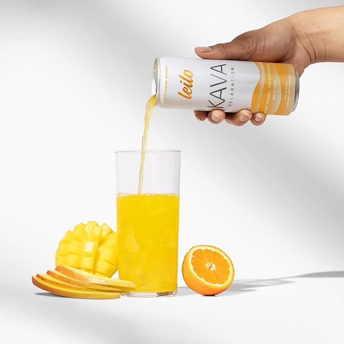 LEILO | Kava Powered Sparkling Relaxation Drink | Tangerine Mango - Non-ALC Calming Beverage | 12 fl oz Cans (Pack of 12)