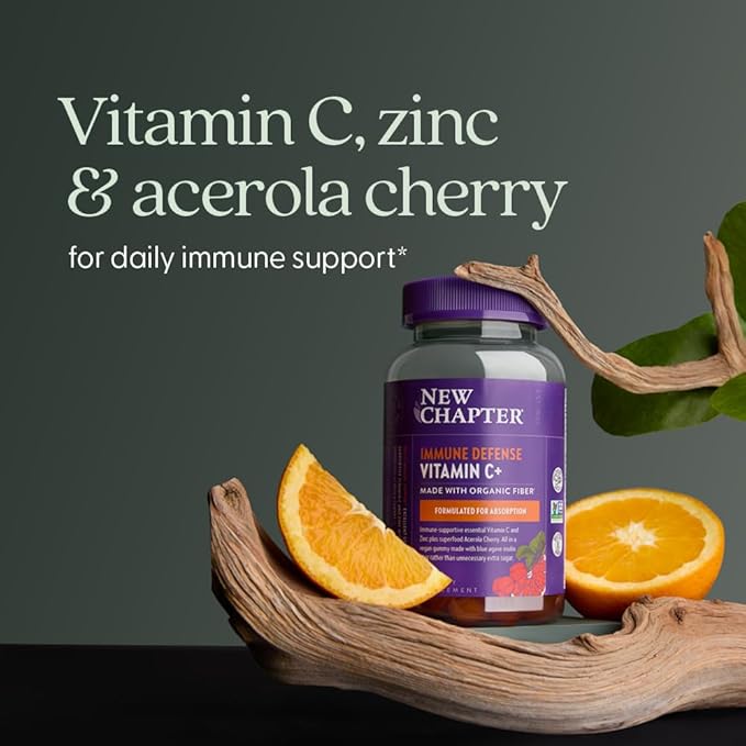 New Chapter Vitamin C+ Gummies – 35% Less Sugar§, Excellent Source of Vitamin C, Two Daily Gummies for Immune Support with Acerola Cherry, Vegan, Non-GMO, Gluten Free, Citrus Flavored, 60ct