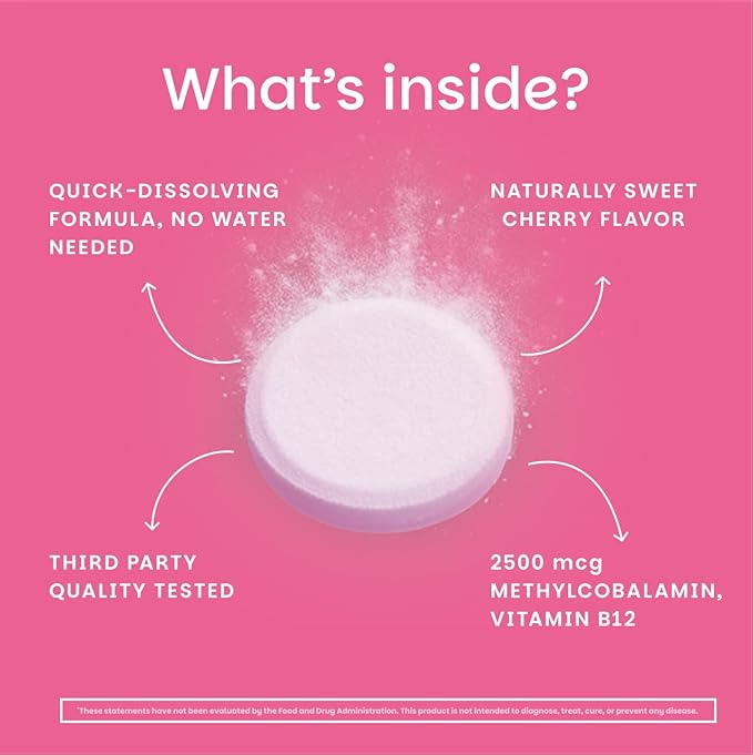 EZ Melts Dissolvable B12 2,500 mcg - Vitamin B12 for Energy & Immune Support - Non-GMO, Vegan & Gluten-Free - Red Cherry - 90 Sublingual Tablets (90 Servings)