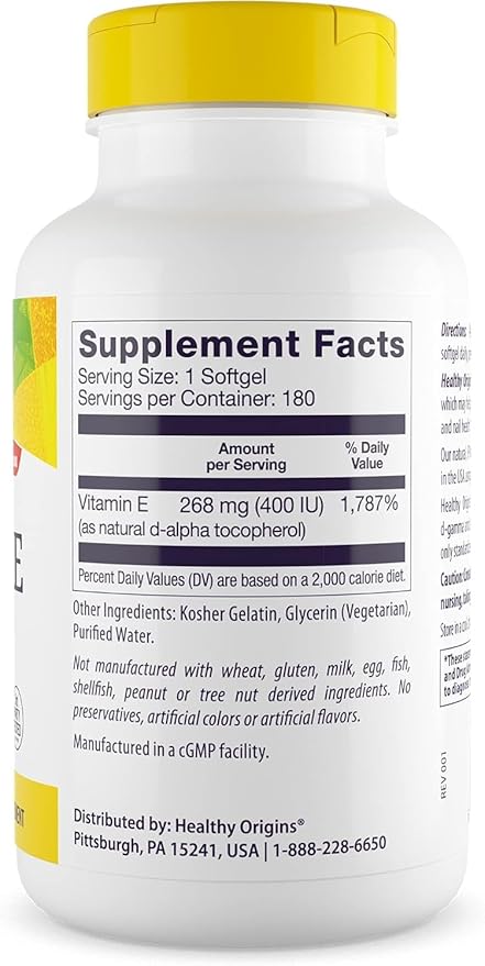 Healthy Origins Vitamin E 400 IU (Natural, Non-GMO, Gluten Free, Skin Support, Cardiovascular Support), 180 Softgels