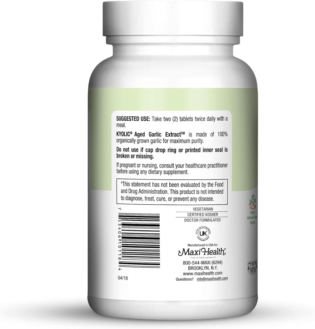 Maxi Health Kyolic Organic Garlic Supplement - Kosher Garlic Tablets with Kyolic Aged Garlic Extract for Immune Support - Vegetarian Garlic Pills (180 Count)