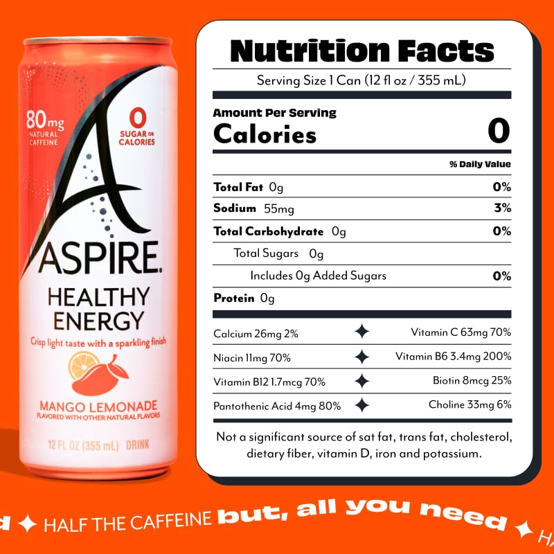 ASPIRE® Mango Lemonade, Healthy Energy Drink 80mg Natural Caffeine, Zero Sugar No Carbs Keto Friendly, 24 Pack Green Tea Sugar Free Drink Low Caffeine Zero Calorie