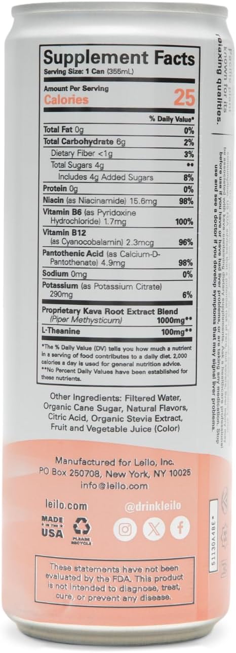 LEILO | Kava Powered Sparkling Relaxation Drink | Raspberry Hibiscus - Non-ALC Calming Beverage | 12 fl oz Cans (Pack of 12)