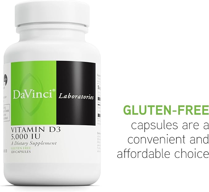 DAVINCI Labs Vitamin D3 5000 IU - Dietary Supplement to Support Healthy Teeth and Bones, Cardiovascular Function, and Immune Health* - with 5000 IU per Serving - Gluten-Free - 120 Capsules