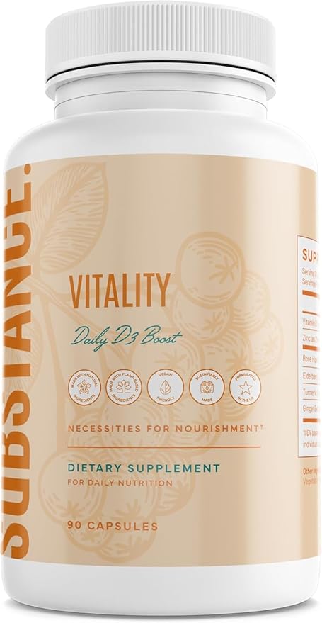 SUBSTANCE. Nature’s Vitality Daily D3 Boost Supplement - Vitamin D3, Zinc, Elderberry, Turmeric & Ginger - Immune Support & Bone Health - 90 Capsules