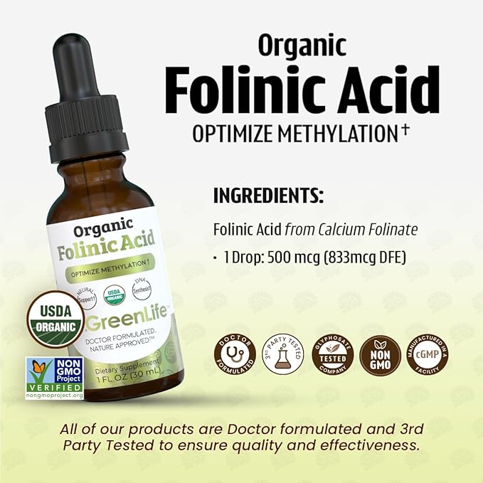 Dr. Green Life USDA Organic Folinic Acid Drops - 500 mcg per Drop | Methylation Support B9 Supplements for Kids & Adults | Supports Neurological Function, Nervous System Health & DNA Synthesis
