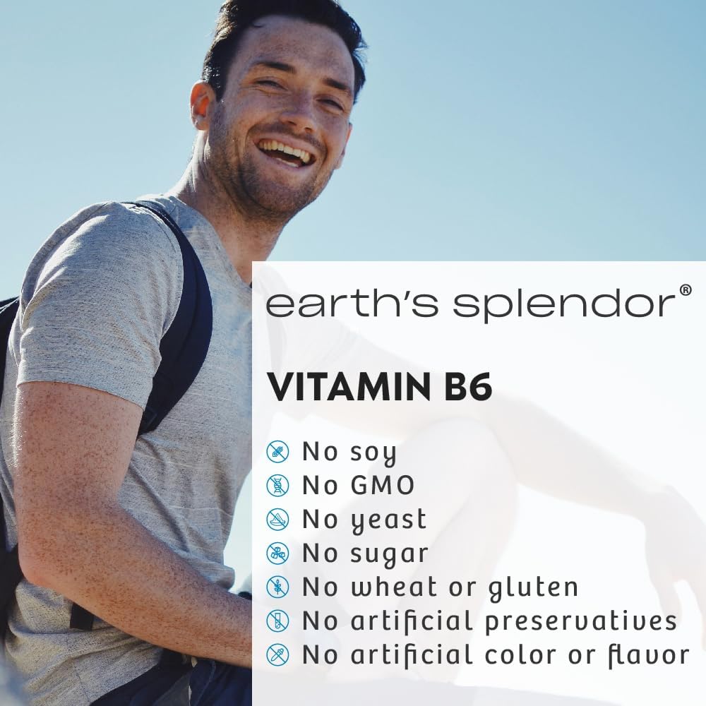 Earth's Splendor Energy Supplement Vitamin B6 for Men & Women, No Artificial Color or Preservatives, Non-GMO, Supports Energy Metabolism and Red Blood Cell Production (100mg, 250 Tablets)
