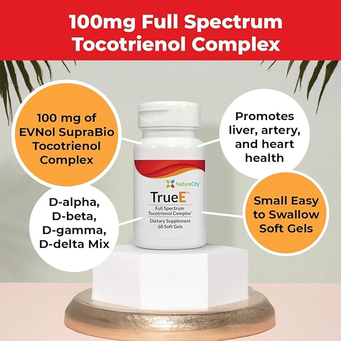 NatureCity True-E Full Spectrum Tocotrienols Vitamin E & Natural Alpha Tocopherol Supplement | Sustainable Tocotrienols from Evnol Suprabio | Non-GMO Vitamin E Complex | 120 Soft gels