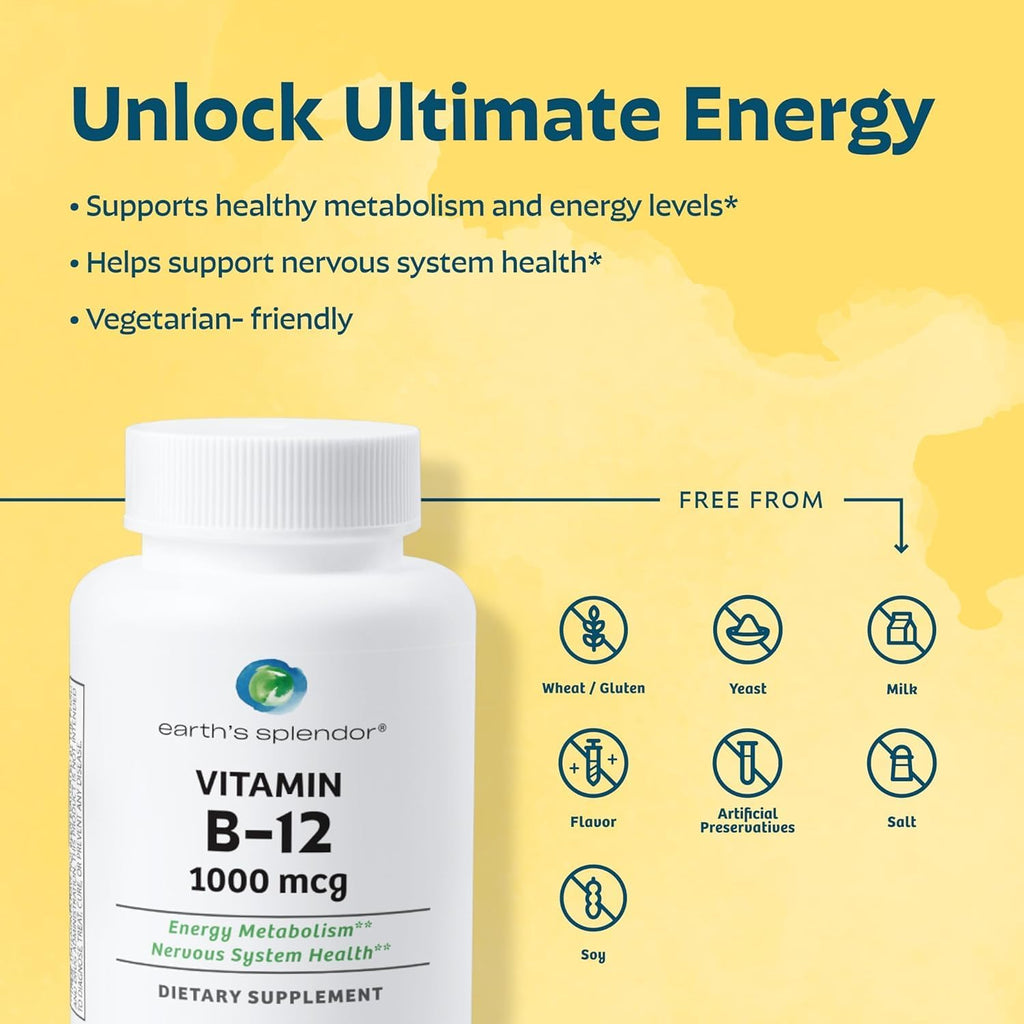 Earth's Splendor Energy + Muscle Support Energy Supplements: Vitamin B12 & Magensium, Gluten & Wheat Free, No Artificial Flavors & Preservative: Helps Metabolism, Bone & Muscle Health