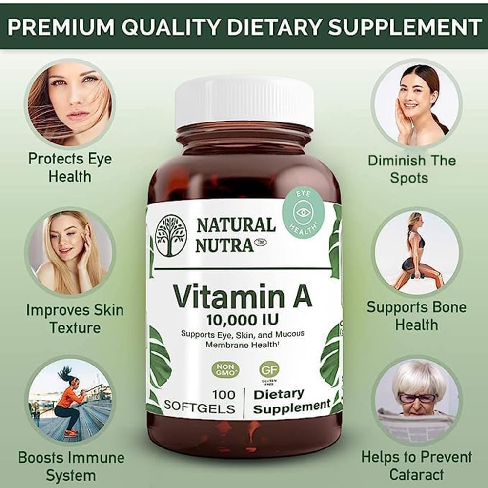 Natural Nutra Vitamin A 10,000 IU Softgels – High Potency Eye and Skin Vitamins – Gluten-Free Vitamin A Supplement for Sight & Skin Health – Fish Liver Oil for Men and Women, Gluten Free 100 Softgels