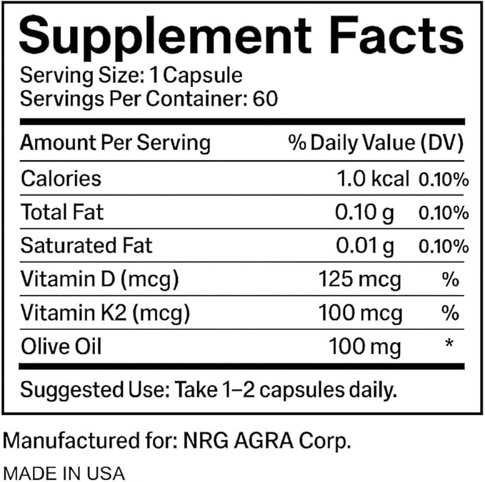 Vitamin K2 with D3 Supplement Non-GMO Formula 125 mcg Vitamin D3 & 100 mcg K2 (MK-7) Easy to Swallow D & K Complex, 60 Capsules
