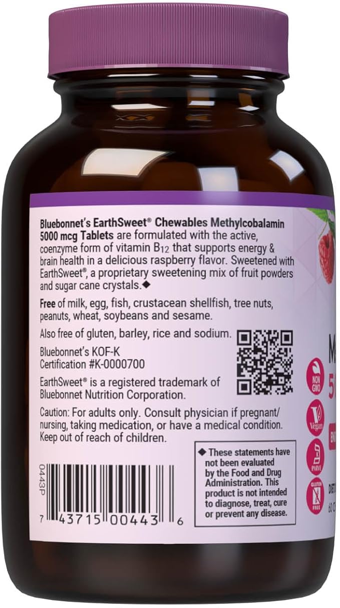 Bluebonnet Nutrition EarthSweet Methylcobalamin 5,000 mcg Active Coenzyme Form of Vitamin B12 Supports Energy Boost & Metabolism - Vegan, Gluten-Free - Raspberry Flavor - 60 Chewable Tablets