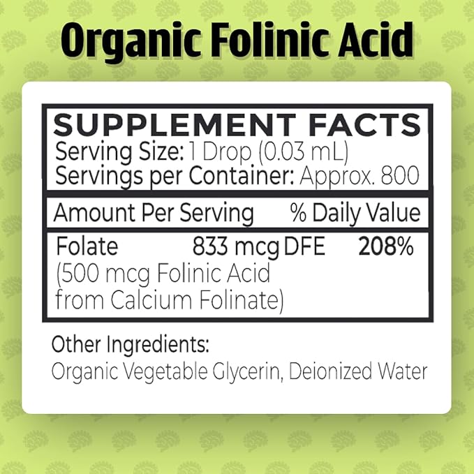 Dr. Green Life USDA Organic Folinic Acid Drops - 500 mcg per Drop | Methylation Support B9 Supplements for Kids & Adults | Supports Neurological Function, Nervous System Health & DNA Synthesis