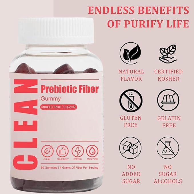 Clean Fiber Gummies for Men, Clean Prebiotic Fiber Gummy Supplement, Digestive Gut Health 60 Gummies