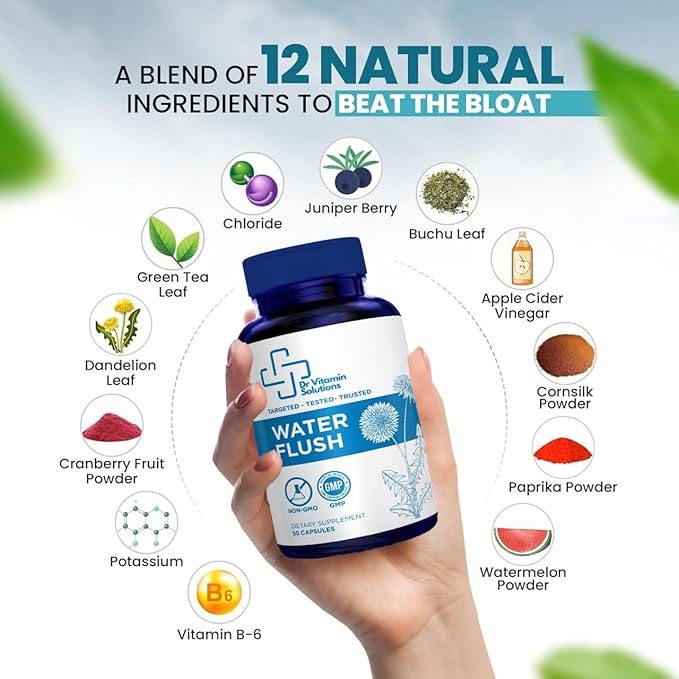 Diuretic Water Pills - Water Flush - Debloating for Women and Men, Relief from Swelling, Water Retention - Green Tea, Dandelion Leaf and Cranberry Powder Detox (1 Bottle, 50 Capsules)