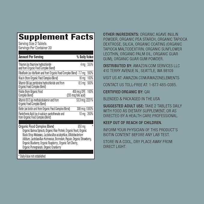 Amazon Elements Organic Whole Food B Complex, 98% Whole Food Source, Dietary and other ingredients derived from whole foods, 60 tablets