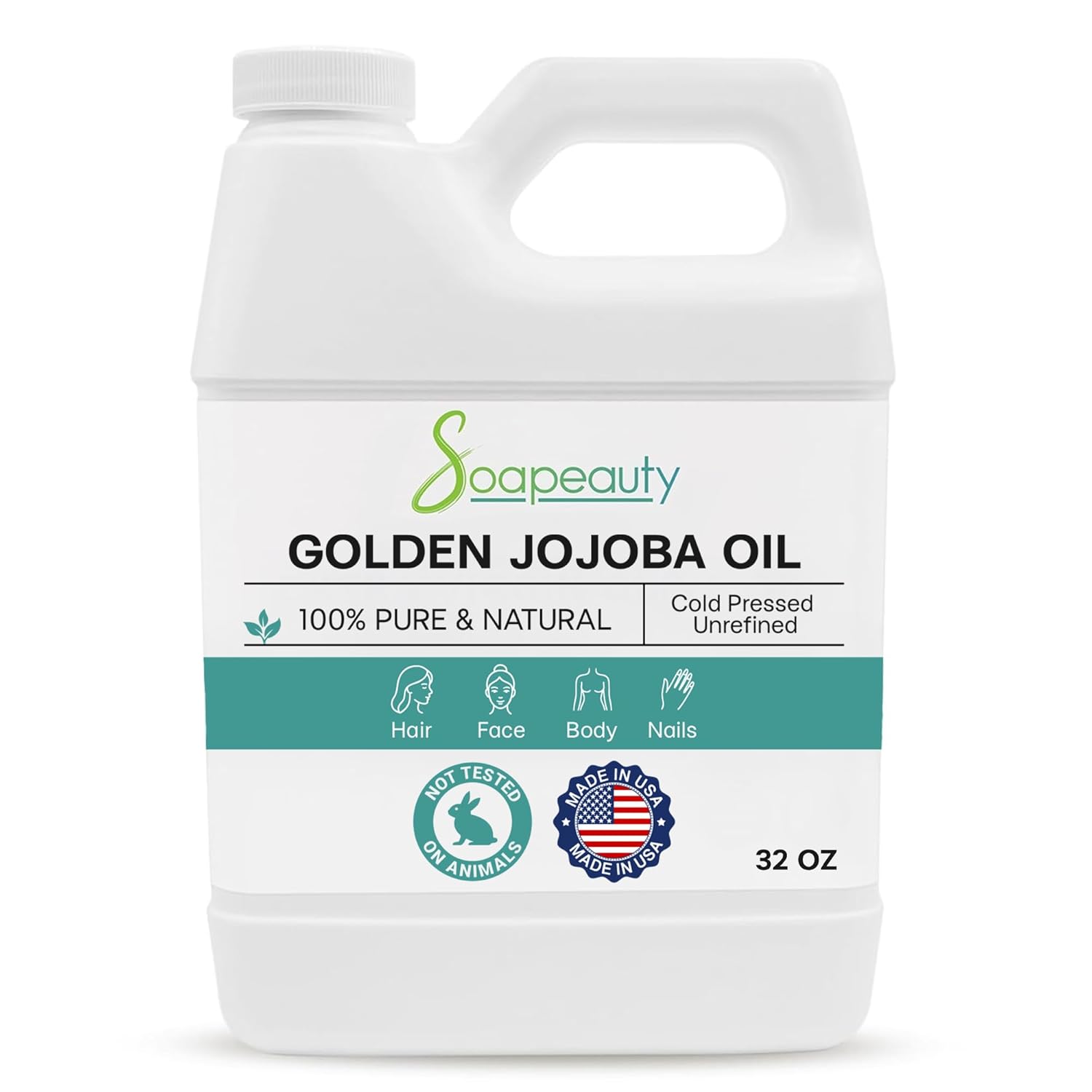 Soapeauty Golden Jojoba Oil | 100% Pure & Natural | Unrefined, Cold Pressed, Hexane Free | Moisturizing Oil for Skin, Face, Hair & Nails | 32 Fl Oz