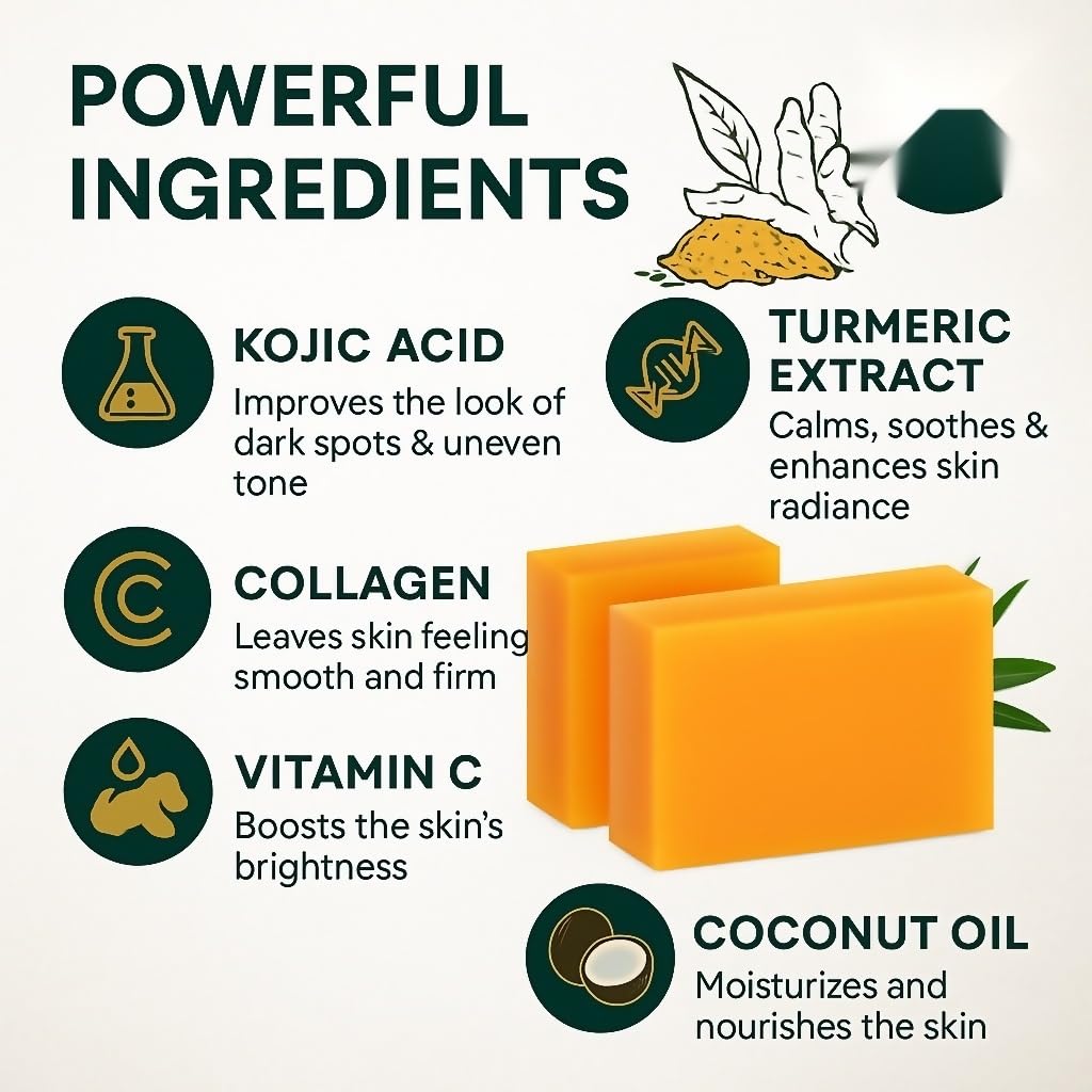 Kojic Acid & Turmeric Brightening Soap – Face & Body Bar with Vitamin C, Retinol & Collagen – 3 x 100g