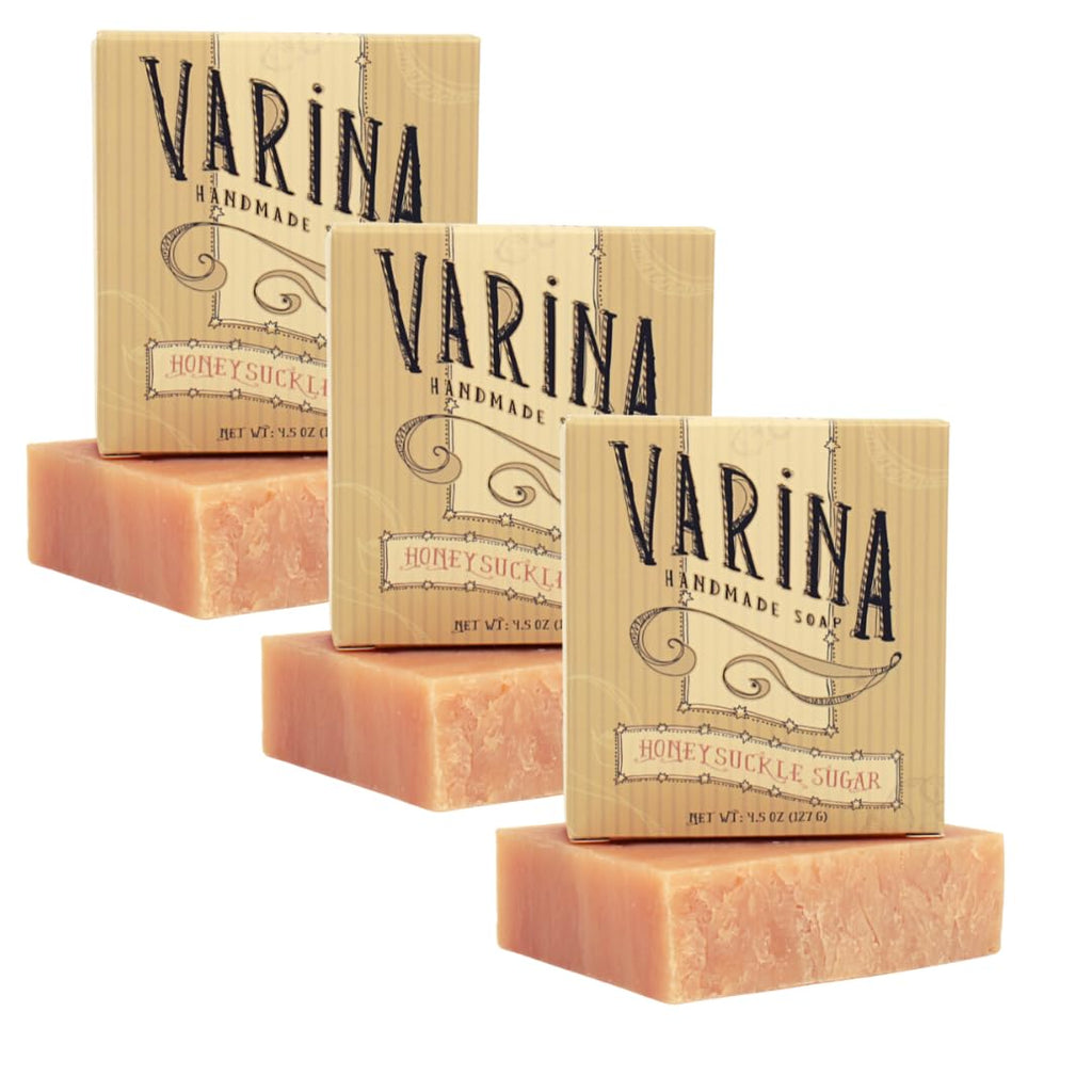 Varina Natural Honeysuckle Sugar Bar Soap - Gentle Cleansing for Sensitive Skin, Sweet and Vanilla - 3 Pack