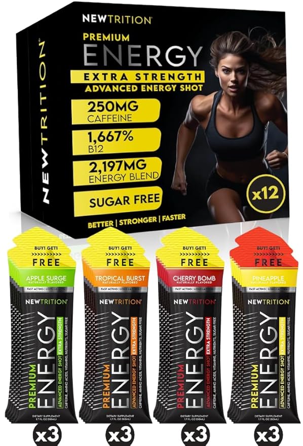 NewTrition® Extra Strength Energy Shots 1.7 fl oz - 250mg Caffeine with B Vitamins & Amino Acids, Sugar-Free Zero Calorie Vitamin Energy Drink for Focus & Endurance (Pack of 12, 4 Flavors - Mixed 2)