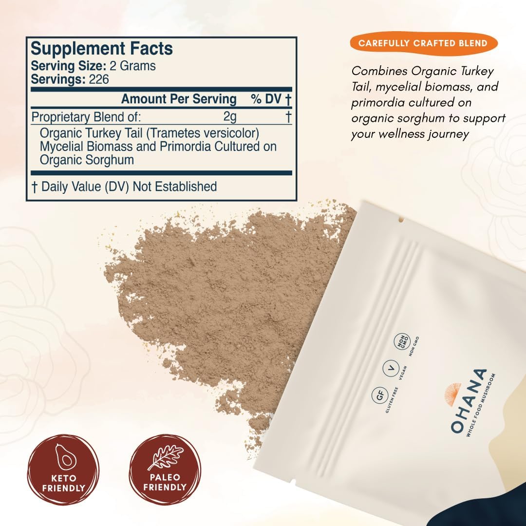 Ohana Turkey Tail, Organic Mushrooms Powder Blend, USDA-Organic Whole Food Mushroom Supplement, Non-GMO, Gluten-Free, 1 lb Bag, Pack of 1