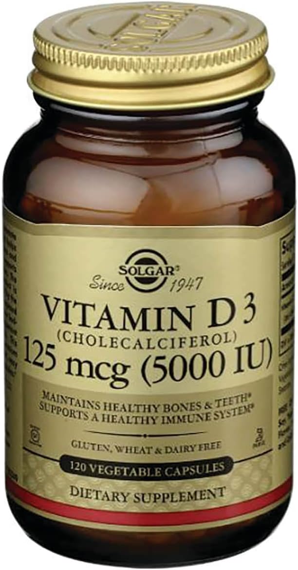 Solgar Vitamin D3 (Cholecalciferol) 125 Mcg (5000 IU), 120 Vegetable Capsules - Helps Maintain Healthy Bones & Teeth - Immune System Support - Non-GMO, Gluten Free, Dairy Free, Kosher - 120 Servings