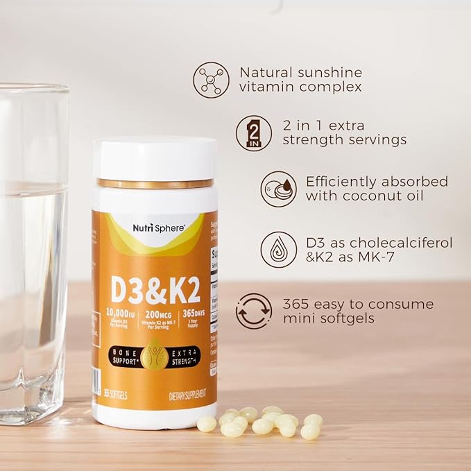 NutriSphere Vitamin D3 & K2 (MK-7) - 10,000 IU + 200 mcg Supplement D&K, Easy to Swallow, Supports Calcium Absorption - 365 Softgels (1 Year Supply)