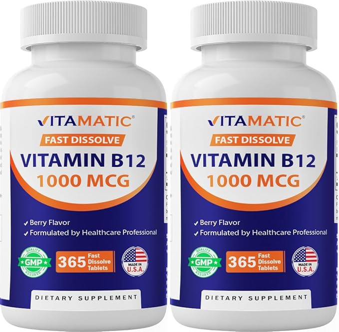 Vitamatic Vitamin B12 1000 mcg Fast Dissolve Tablets – Natural Berry Flavor – 365 Tablets per Bottle - 2 Bottles – Supports Energy Metabolism & Nervous System Health