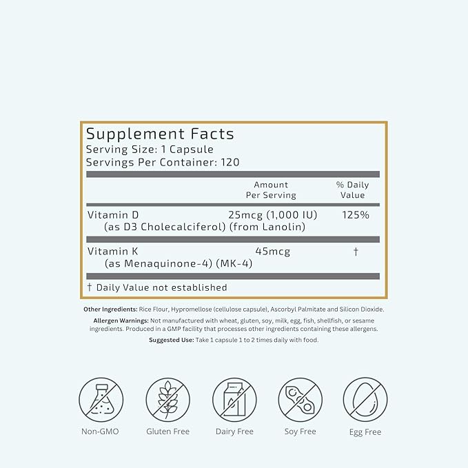 VTC VitaTradingCo. Vitamin D3 + K2 | High Potency, Bioactive Forms | 1000iu D3 + 45mcg MK-4 K2 | Boost Calcium Absorption | Immune, Heart, & Bone Support | 120 Capsules