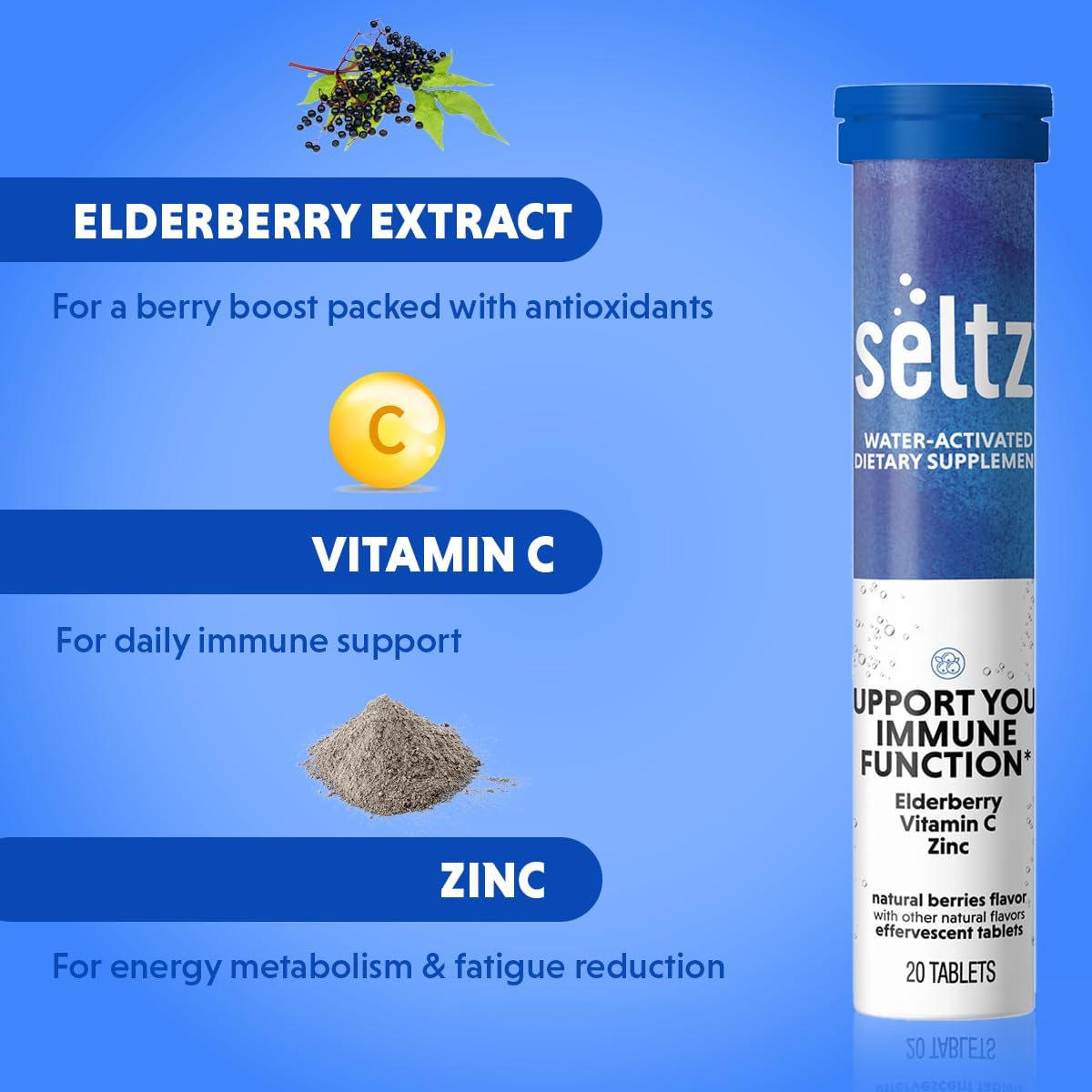 Seltz® Support Your Immune Function – Effervescent Vitamins with Vitamin C, Elderberry & Zinc for Daily Immune Support – Berries Flavor, 20 Tablets (Pack of 6)