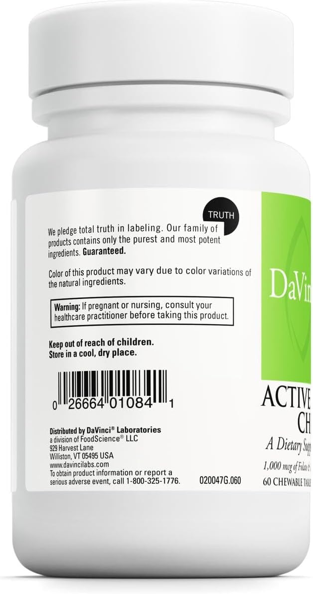 DAVINCI Labs Active Folate B12 Chewable - Dietary Supplement to Support Heart Health, Healthy Nerves, Immune Function and Energy Production* - with Folate and Vitamin B12-60 Chewable Tablets