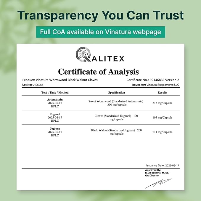 VINATURA Wormwood Black Walnut Clove Capsules - Cleanse, Detox, Intestinal Guard Formula Supplement for Humans, with Wormwood herb, Black Walnut Extract Combination, 60 Capsules