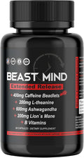 Beast Mind Extended Release Extreme Energy Pills | 400mg XR Caffeine | 600mg Ashwagandha | 200mg Lion's Mane, Increased Energy & Focus, Natural Nootropic Labs