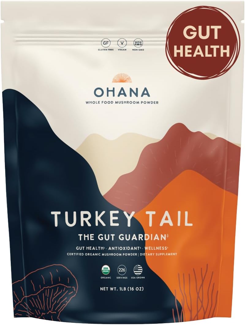 Ohana Turkey Tail, Organic Mushrooms Powder Blend, USDA-Organic Whole Food Mushroom Supplement, Non-GMO, Gluten-Free, 1 lb Bag, Pack of 1