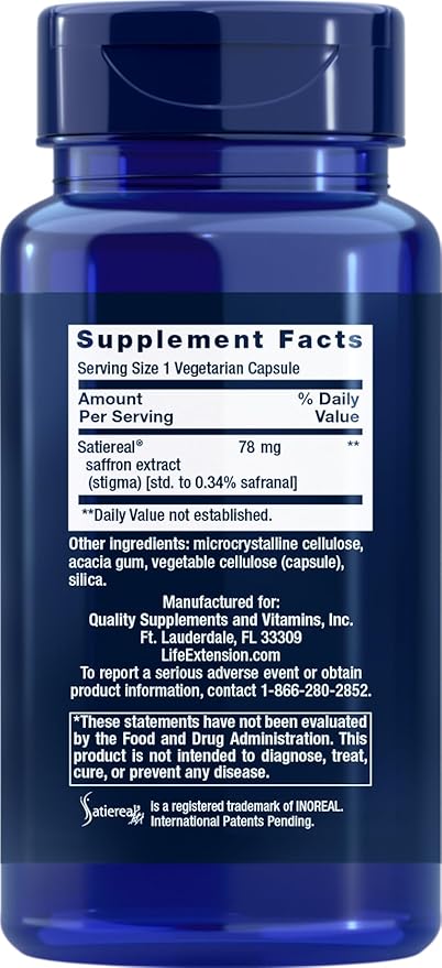 Life Extension Optimized Saffron Extract with Satiereal, 90 Vegetarian Capsules (Pack of 2)