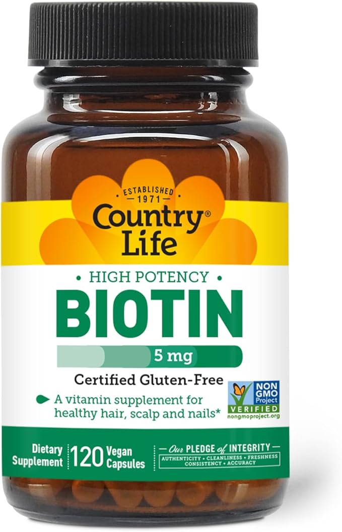 Country Life Biotin High Potency, 5mg, 120 Count, Certified Gluten Free, Certified Vegan, Verified Non GMO