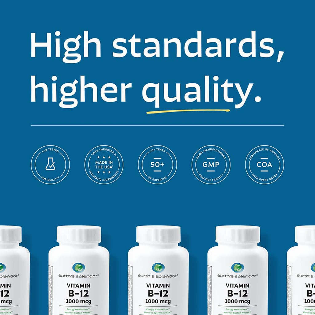 Earth's Splendor Energy Supplements, with Vitamin B12, No Artificial Color or Flavor, Gluten Free, Energy Metabolism Support (1000mcg, 200 Tablets)