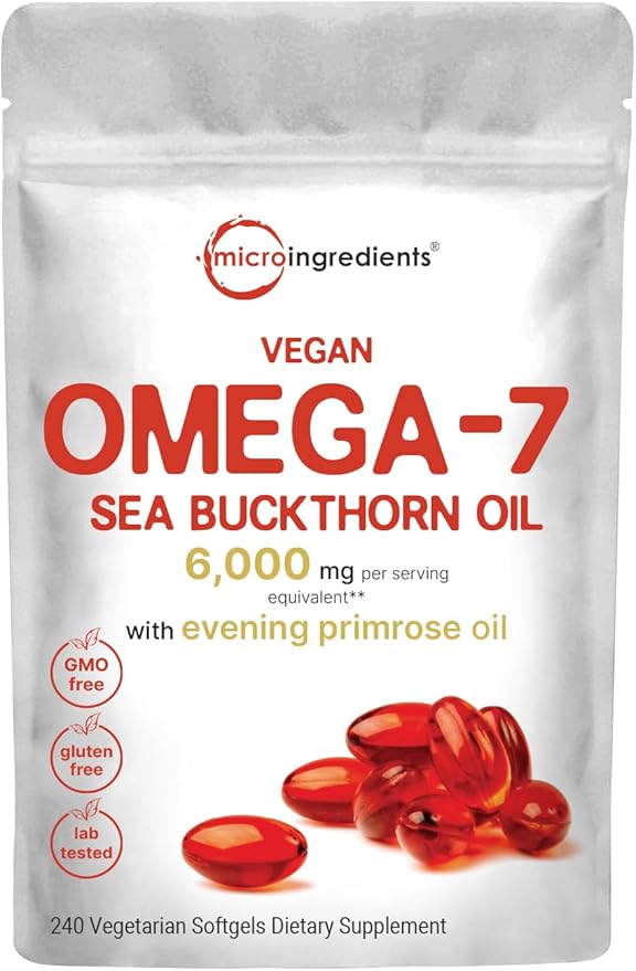 Vegan Omega 7 Sea Buckthorn Oil 6,000mg, 240 Veggie Softgels | 2-in-1 with Evening Primrose Oil | Natural Support for Hair, Skin, & Nails | Combats Dryness | Plant Based, Non-GMO, Gluten Free