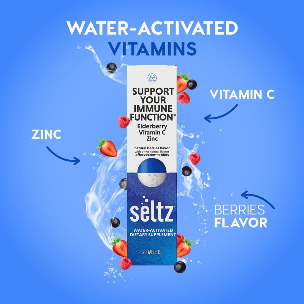 Seltz® Support Your Immune Function – Effervescent Vitamins with Vitamin C, Elderberry & Zinc for Daily Immune Support – Berries Flavor, 20 Tablets (Pack of 6)