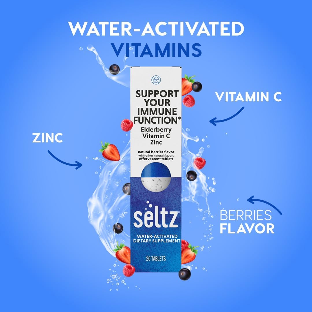 Seltz® Support Your Immune Function – Effervescent Vitamins with Vitamin C, Elderberry & Zinc for Daily Immune Support – Berries Flavor, 20 Tablets (Pack of 6)