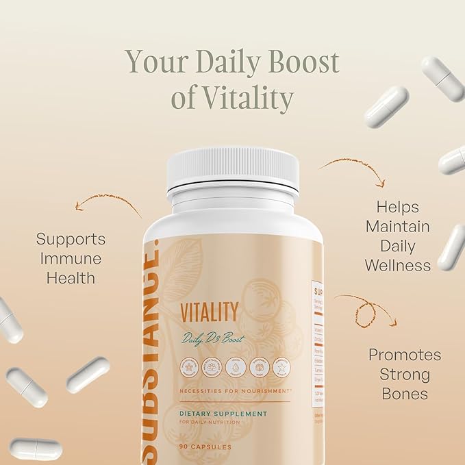 SUBSTANCE. Nature’s Vitality Daily D3 Boost Supplement - Vitamin D3, Zinc, Elderberry, Turmeric & Ginger - Immune Support & Bone Health - 90 Capsules