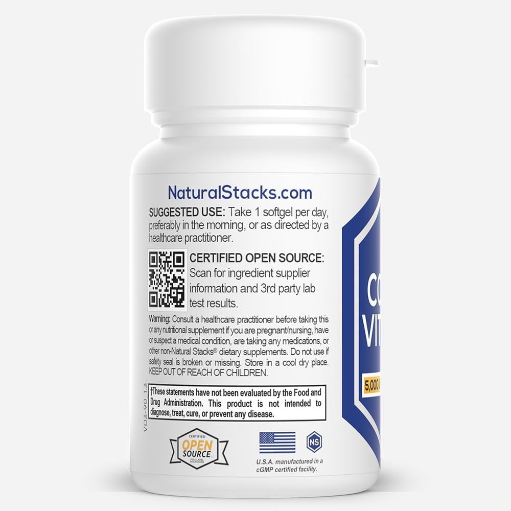 NATURAL STACKS Vitamin D 5000 IU Supplement - with Coconut Oil for Optimal Absorption - Vitamin D Pills for Immunity & Cell Growth - D3 125mcg Cholecalciferol Supplement - 30 D3 Servings