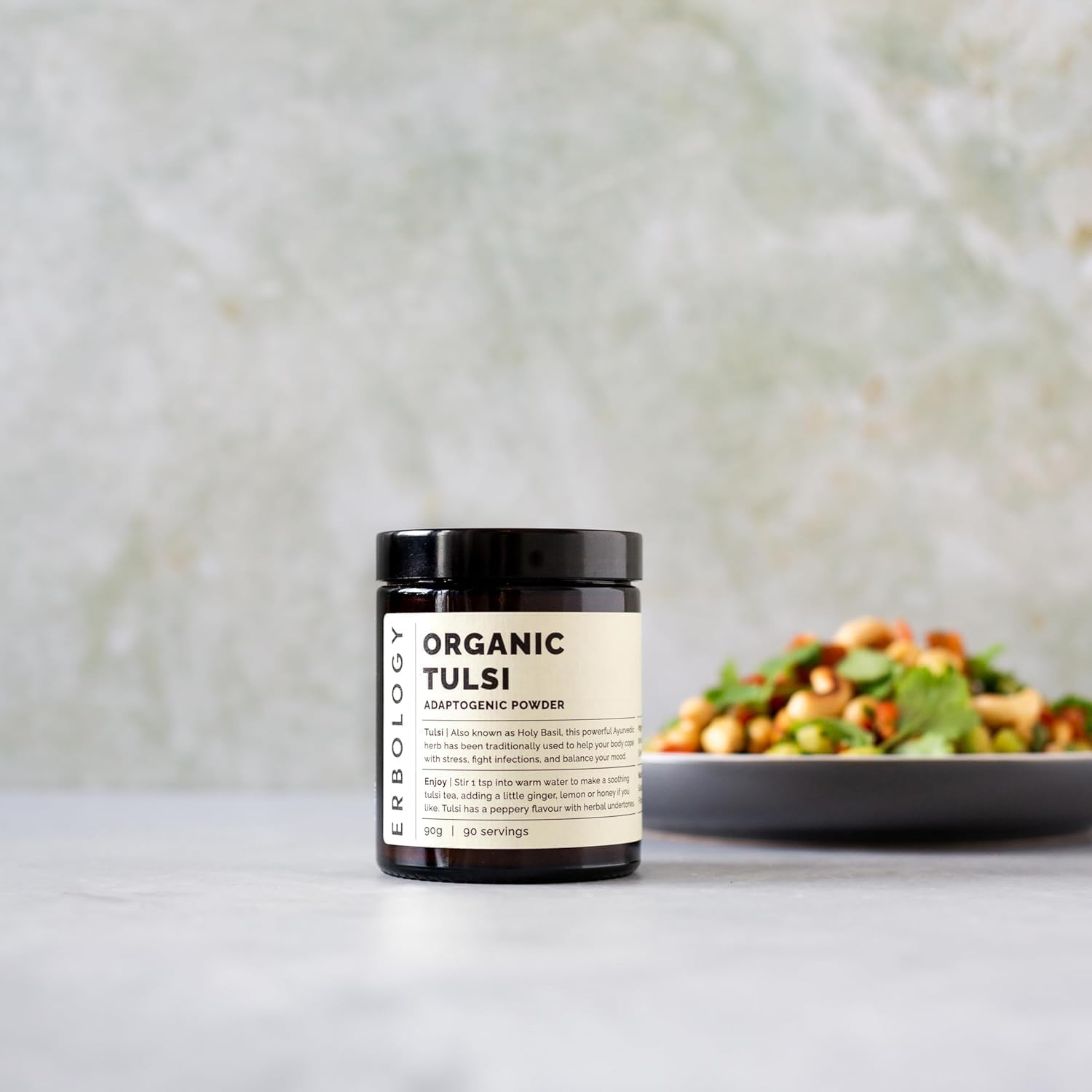 Erbology 100% Organic Tulsi Powder 6.4 oz - Holy Basil - Calm and Mood - Straight from Farm - Raw, Vegan and Gluten-Free - Non-GMO - No Additives or Preservatives - Recyclable Glass Jar