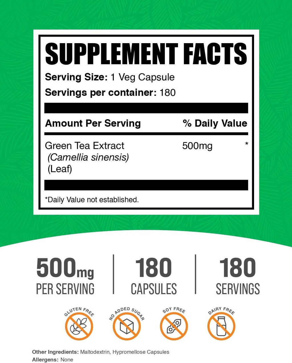 BulkSupplements.com Green Tea Extract Capsules - Green Tea Supplement, Green Tea Extract 500mg, Green Tea Pills - Vegan & Gluten Free, 1 Capsule per Serving, 180 Veg Capsules (Pack of 1)